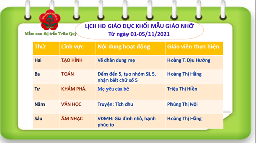 Lịch hoạt động giáo dục khối mẫu giáo nhỡ tuần 1 tháng 11